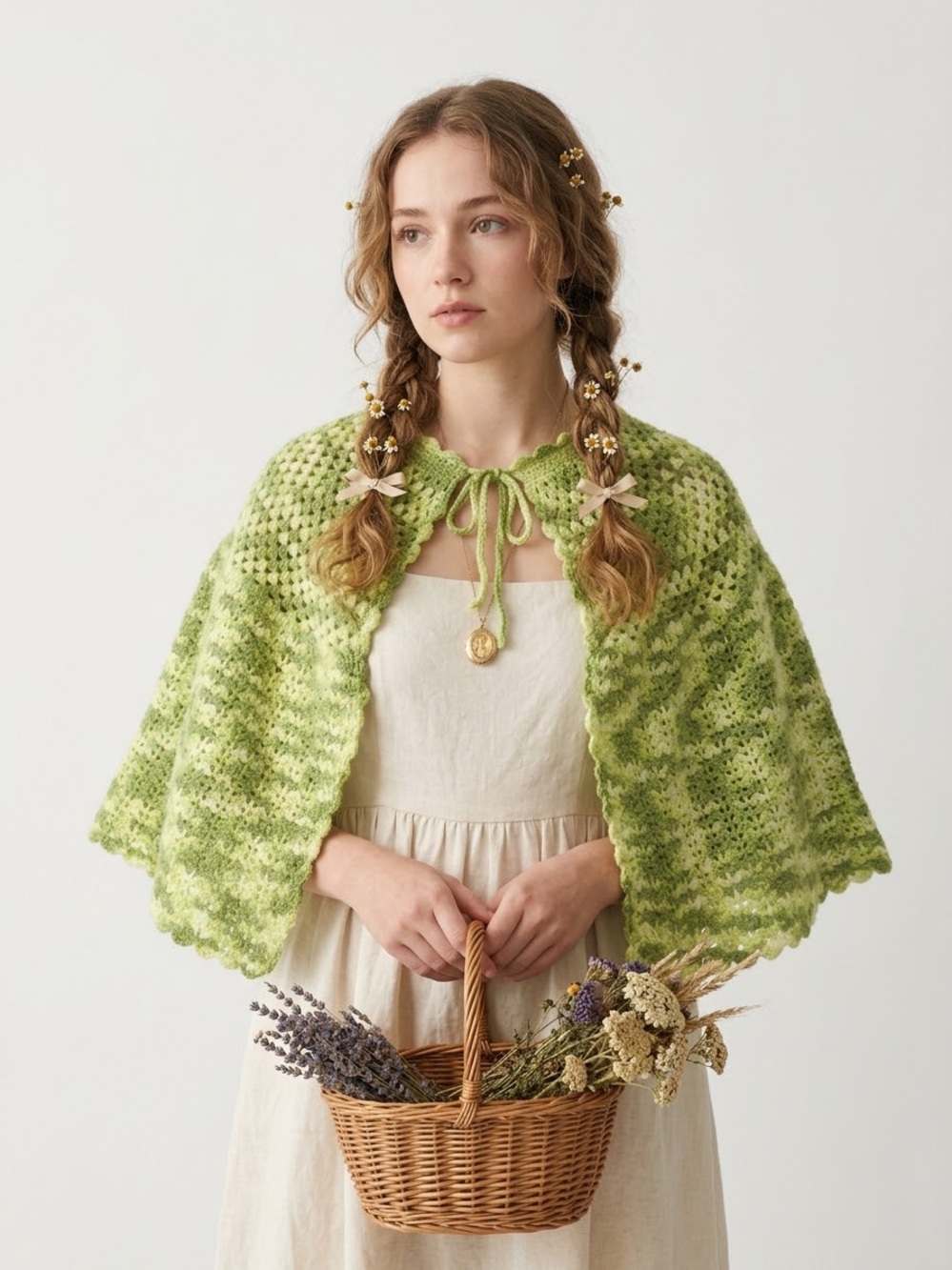 Cottagecore Goblincore Chartreuse Knit Cape Shawl Hobbit Earthy Twee Fairycore
